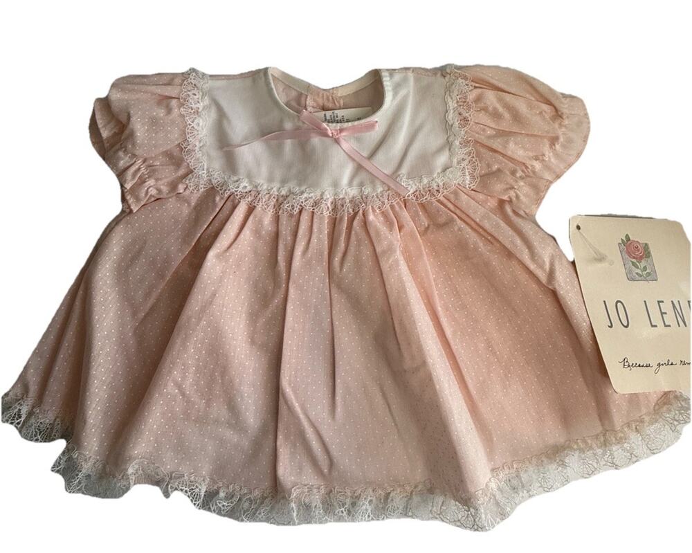 Vintage Jo Lene Baby Girl Dress Pink & White Lace polka Dots NEW 6-9 Mo